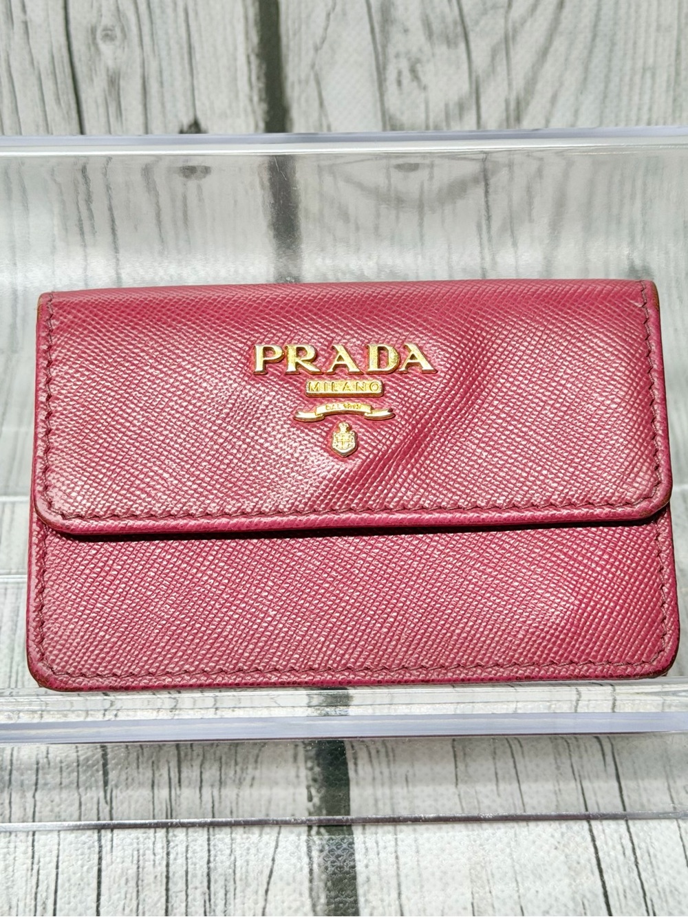 PRE LOVED Prada Card Wallet Pink Saffiano Leather